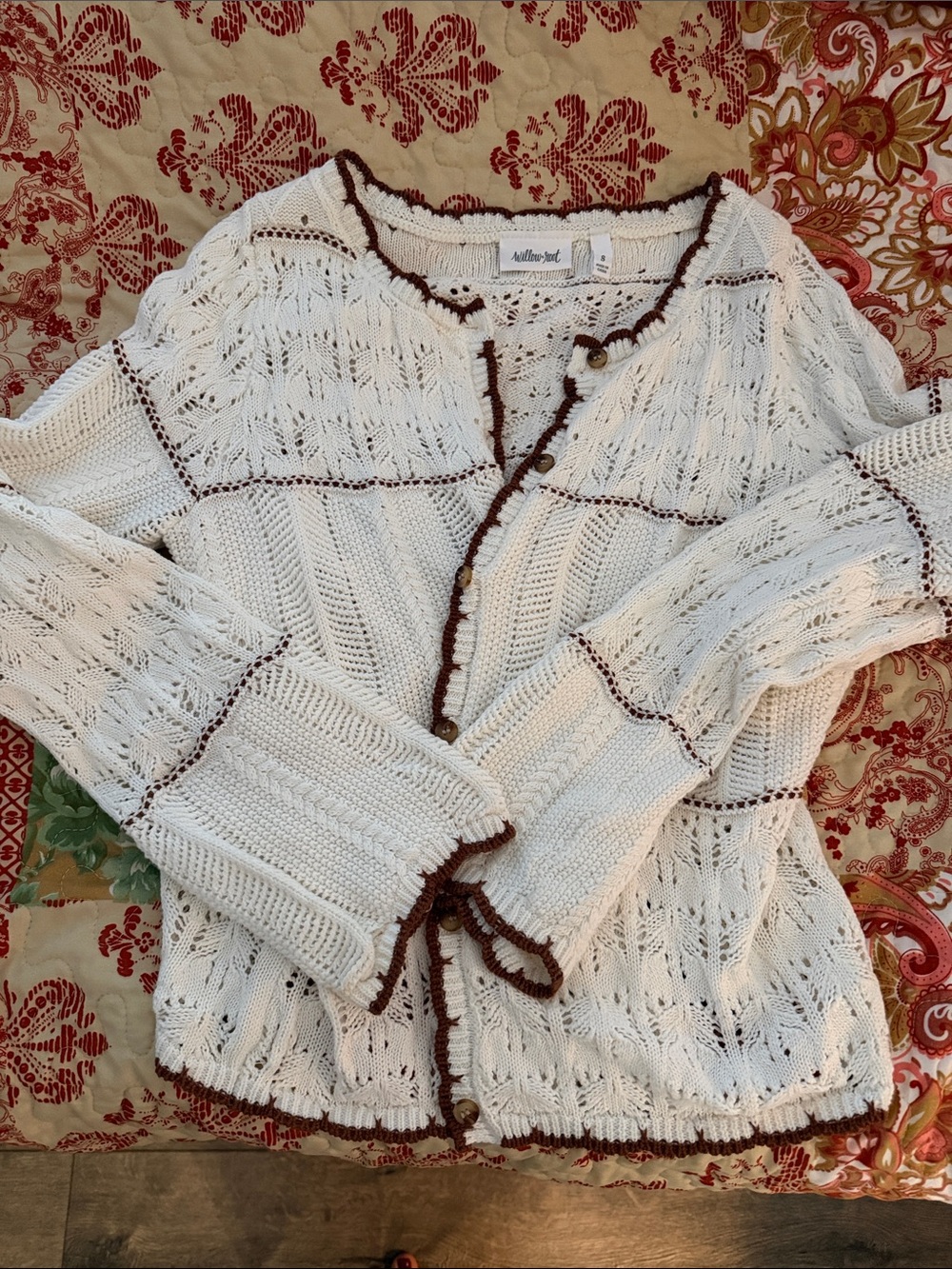 BKE White Crochet Knit Cardigan with Brown Trim